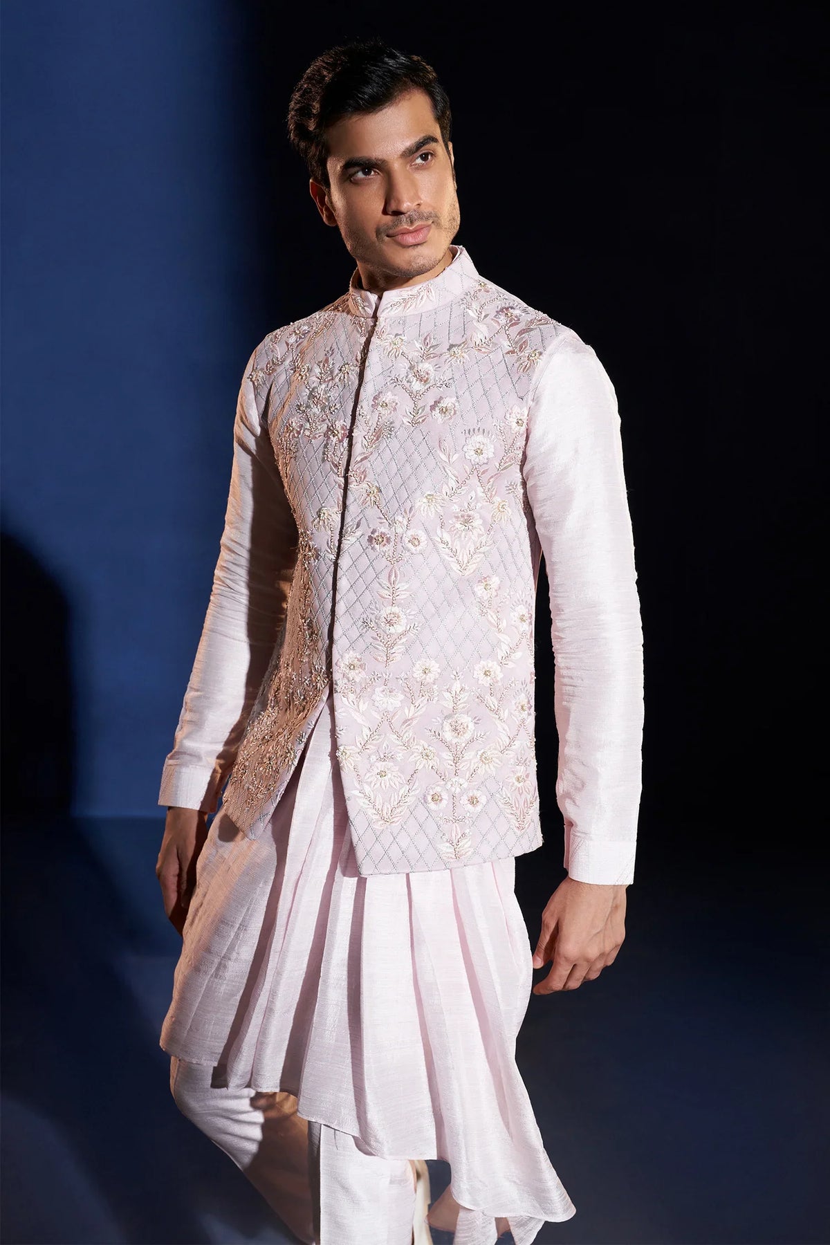 Light Pink Silk Asymmetrical Kurta Set with Floral Embroidery