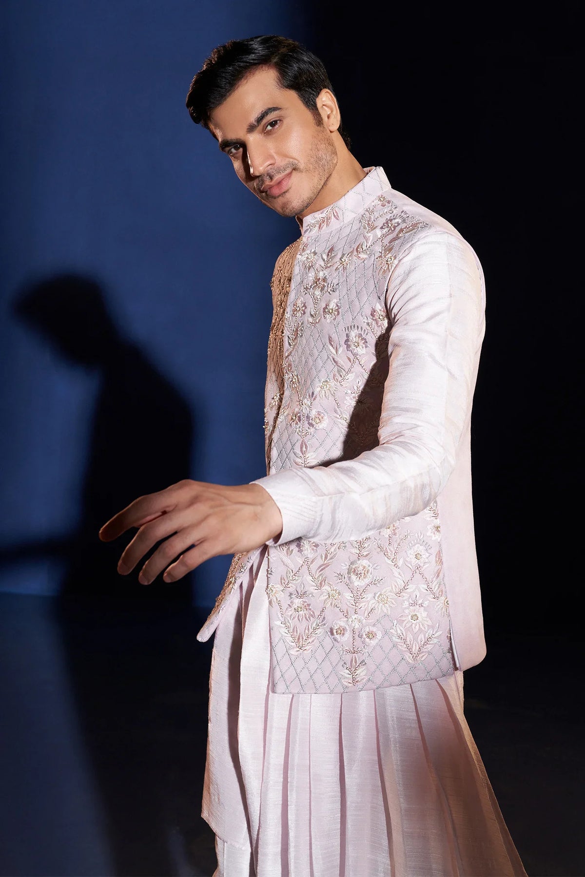 Light Pink Silk Asymmetrical Kurta Set with Floral Embroidery