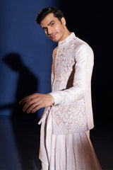 Light Pink Silk Asymmetrical Kurta Set with Floral Embroidery