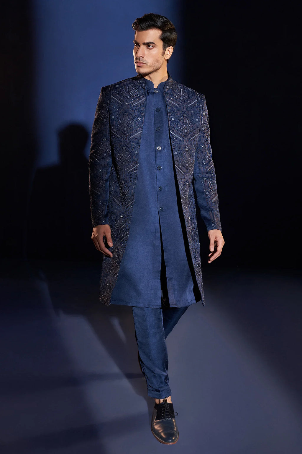 Blue Raw Silk Indo Western Set with Embroidery and Beads Work