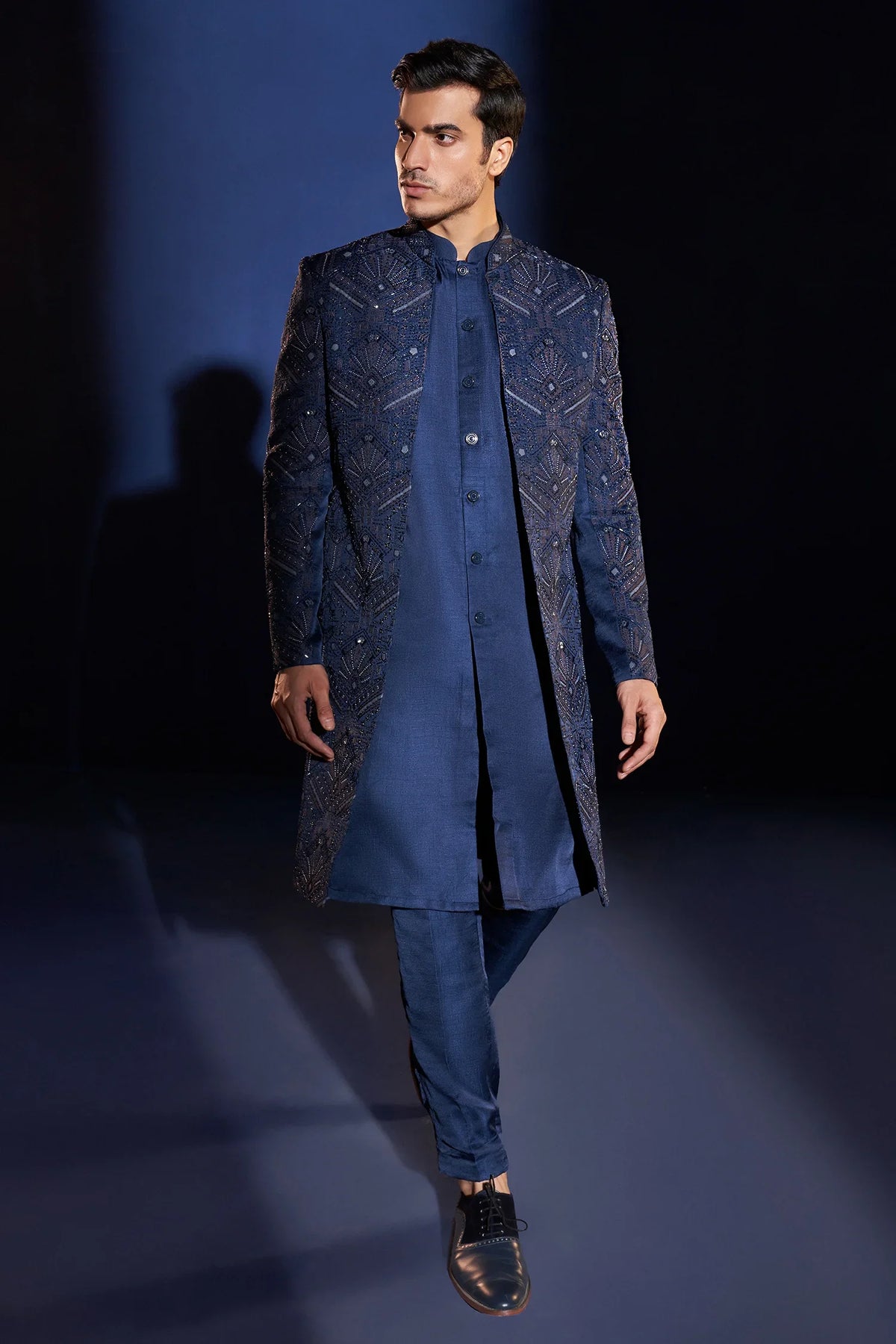 Blue Raw Silk Indo Western Set with Embroidery and Beads Work