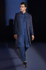 Blue Raw Silk Indo Western Set with Embroidery and Beads Work