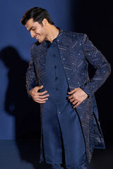 Blue Raw Silk Indo Western Set with Embroidery and Beads Work