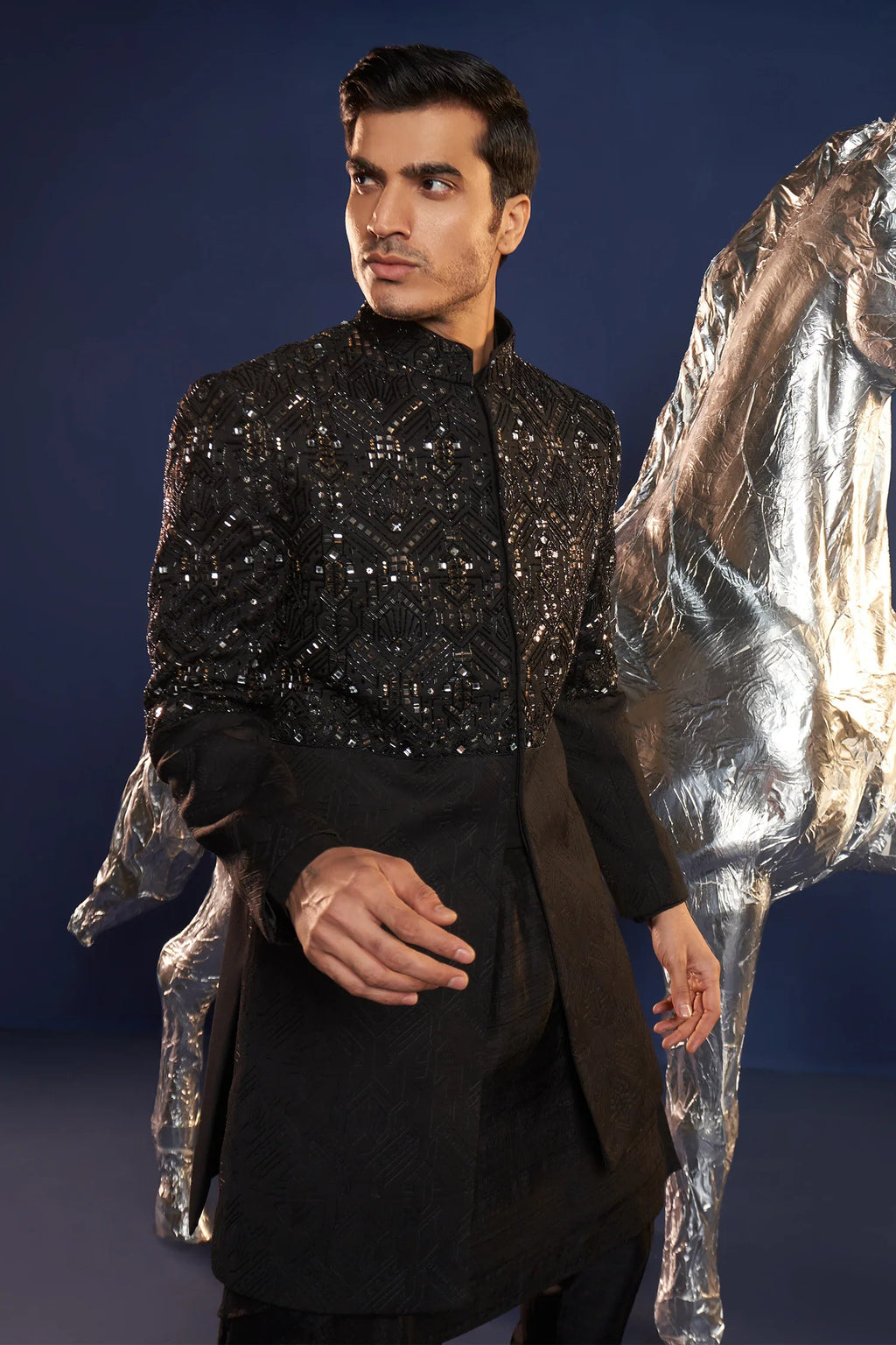 Black Imported Asymmetrical Indo Western Set with Cutdana Work
