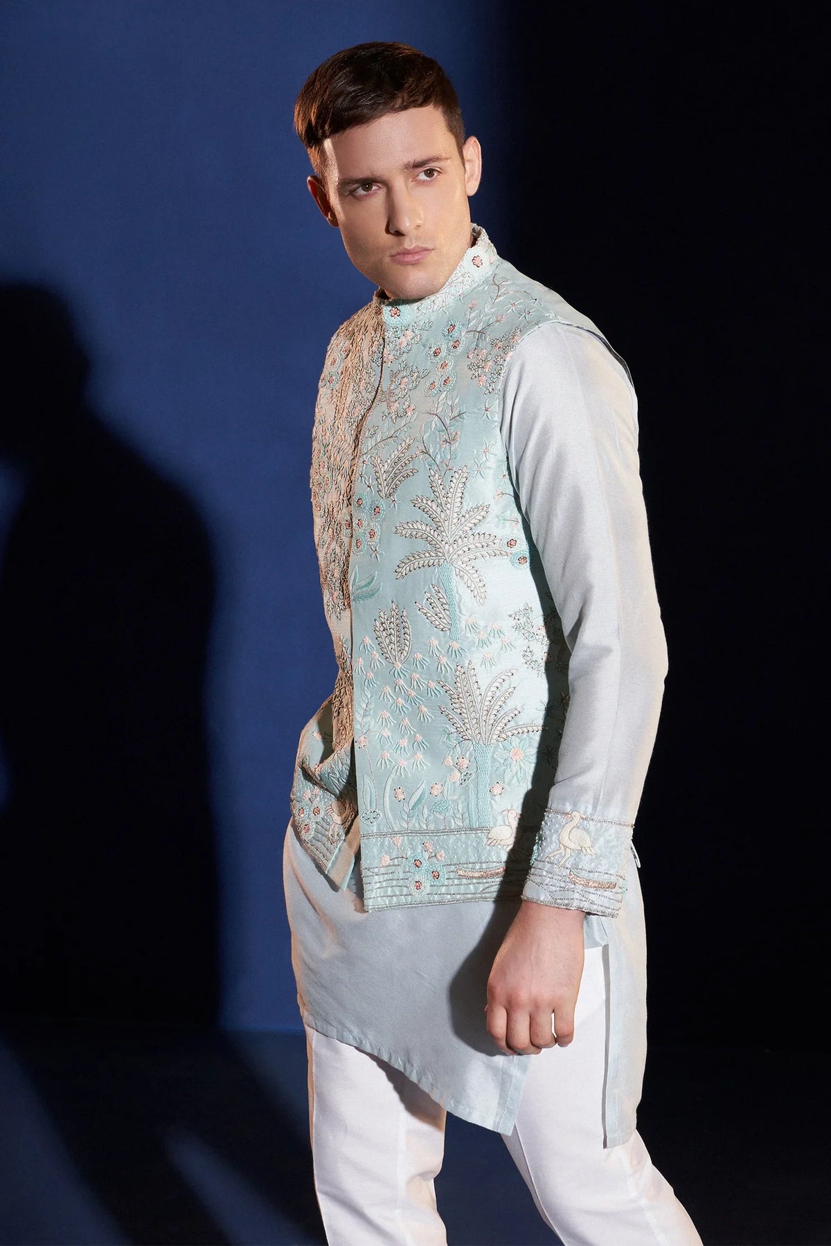 Mint Blue Raw Silk Embroidered Koti Set