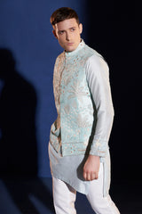 Mint Blue Raw Silk Embroidered Koti Set