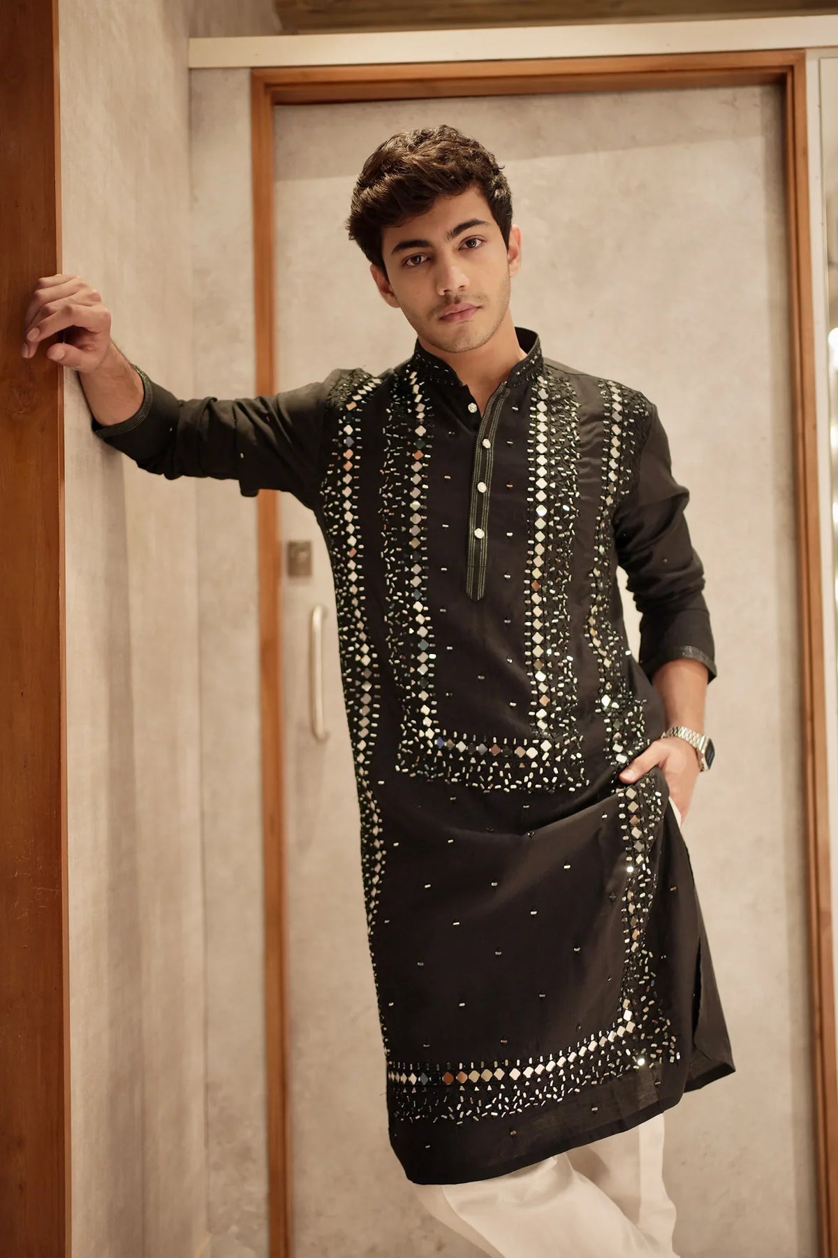 Black Satin Mirror Worked Aligadhi Kurta Pajama