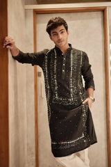 Black Satin Mirror Worked Aligadhi Kurta Pajama