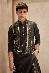Black Satin Mirror Worked Aligadhi Kurta Pajama