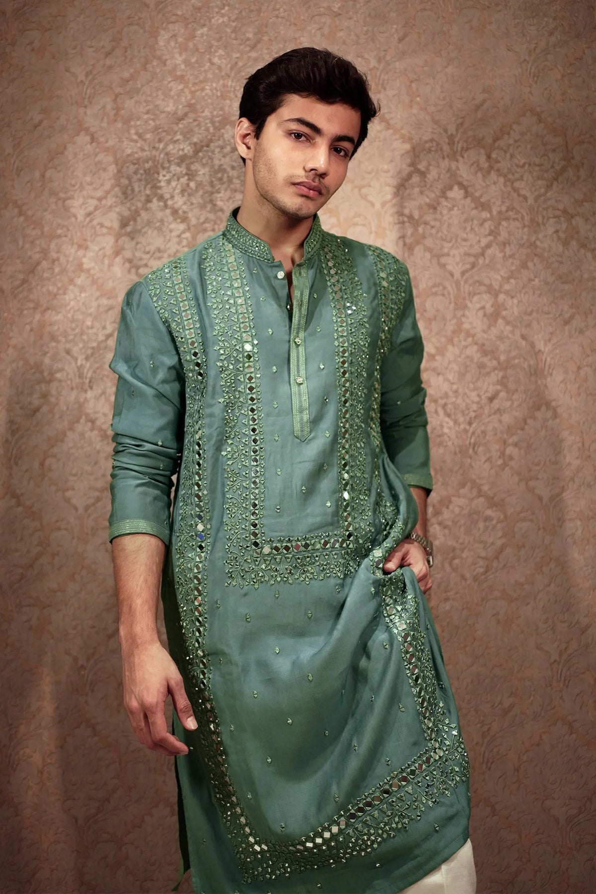 Green Satin Mirror Worked Aligadhi Kurta Pajama