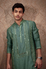 Green Satin Mirror Worked Aligadhi Kurta Pajama