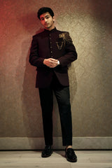 Wine Purple Cutdana and Sequins Worked Jodhpuri Suit