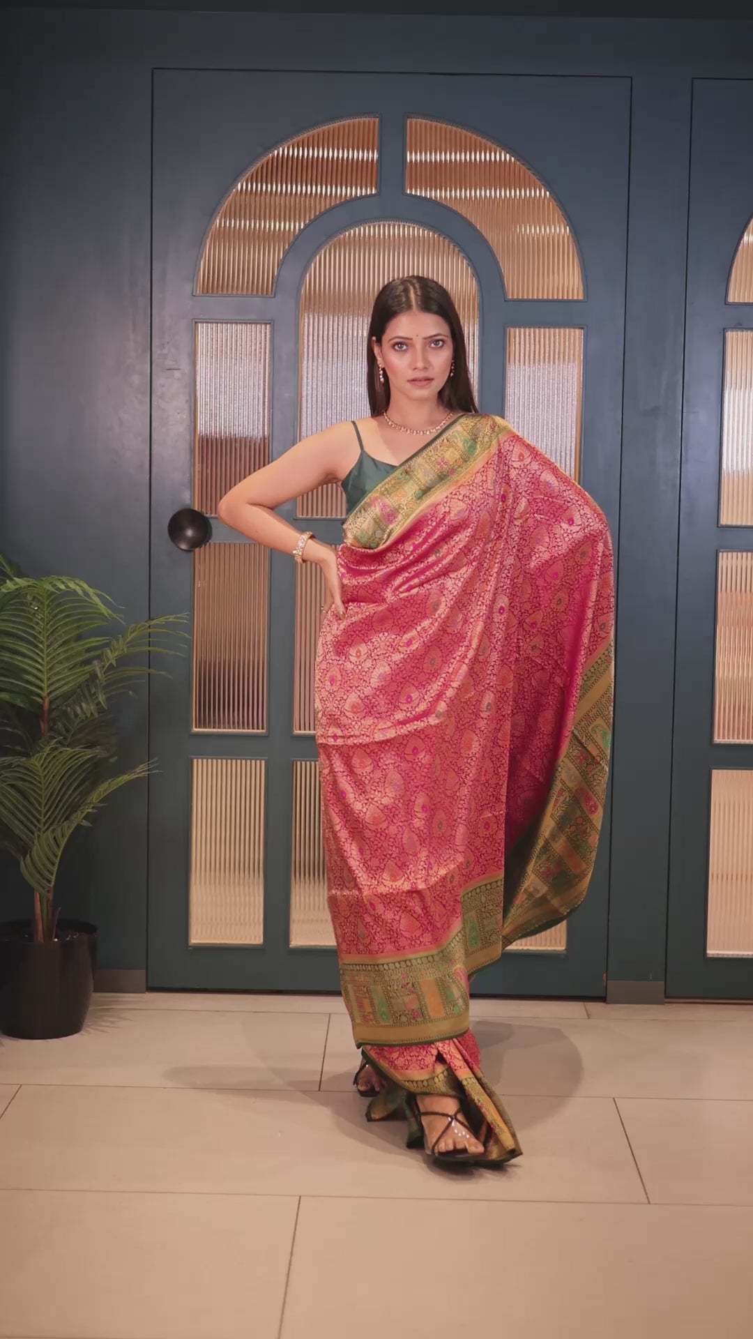 Rani Pink Dola Silk All Over Woven Saree with Contrast Border