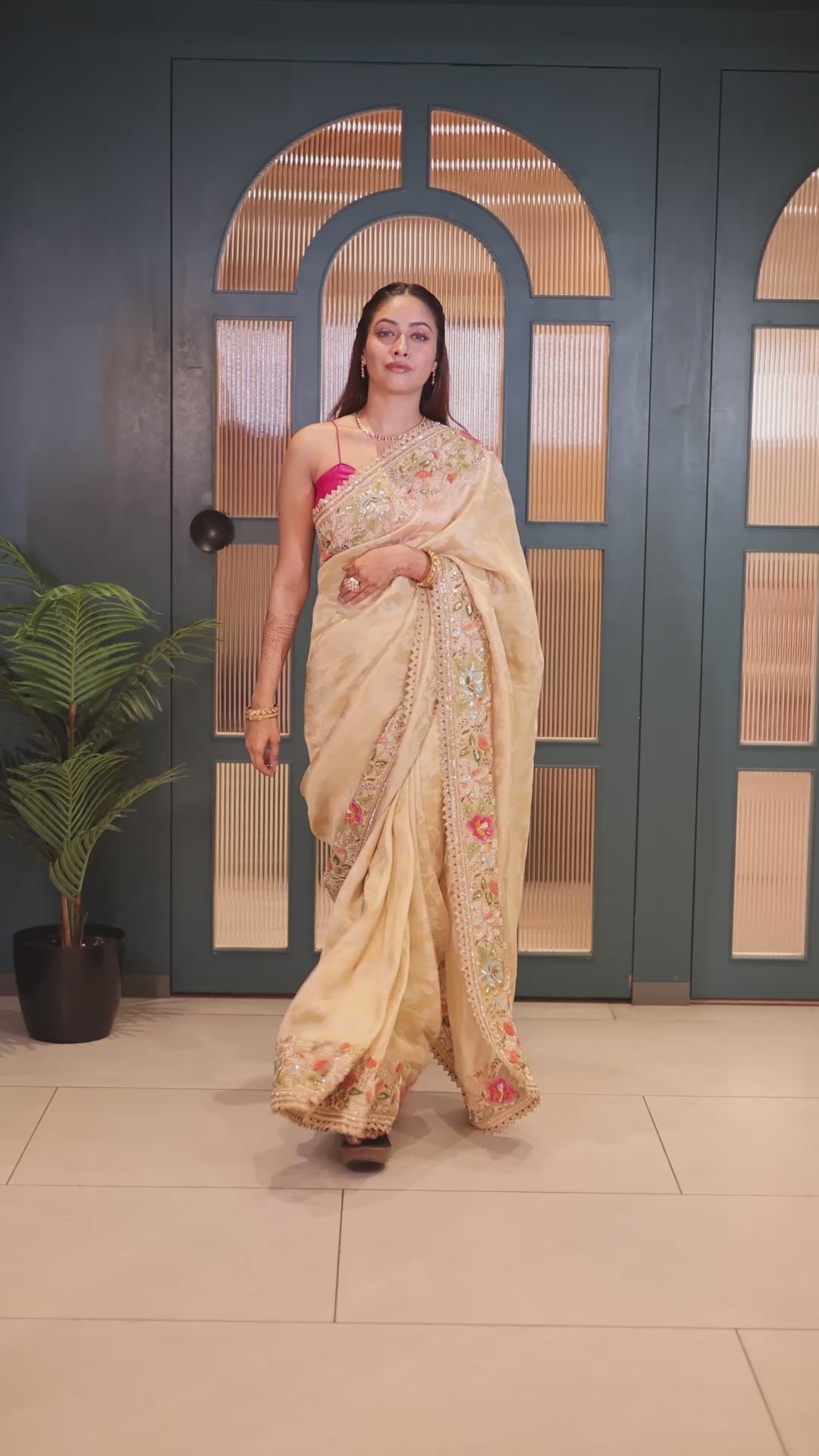 Golden Dola Silk Floral Woven Saree with Sequin Cutdana and Resham Work Border