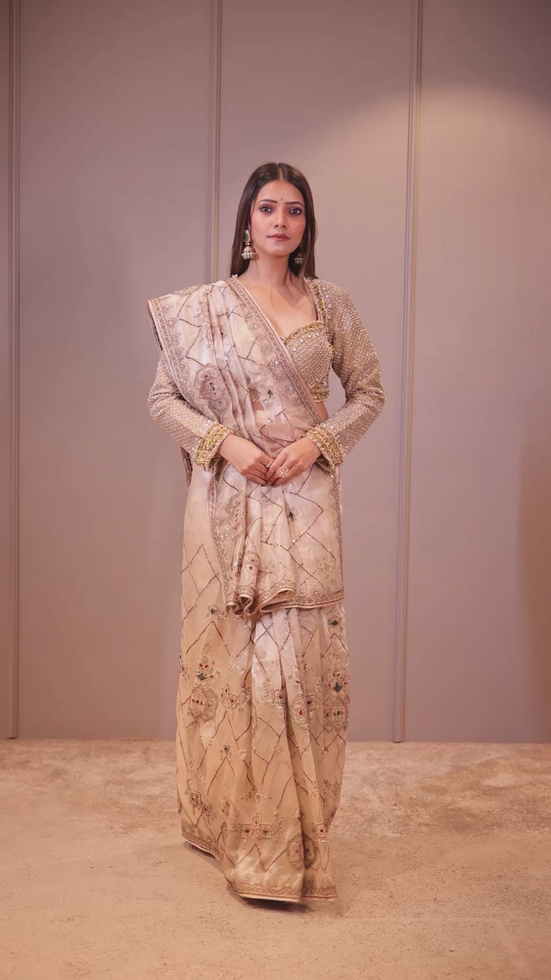 Light Beige Tissue Designer Handworked Saree