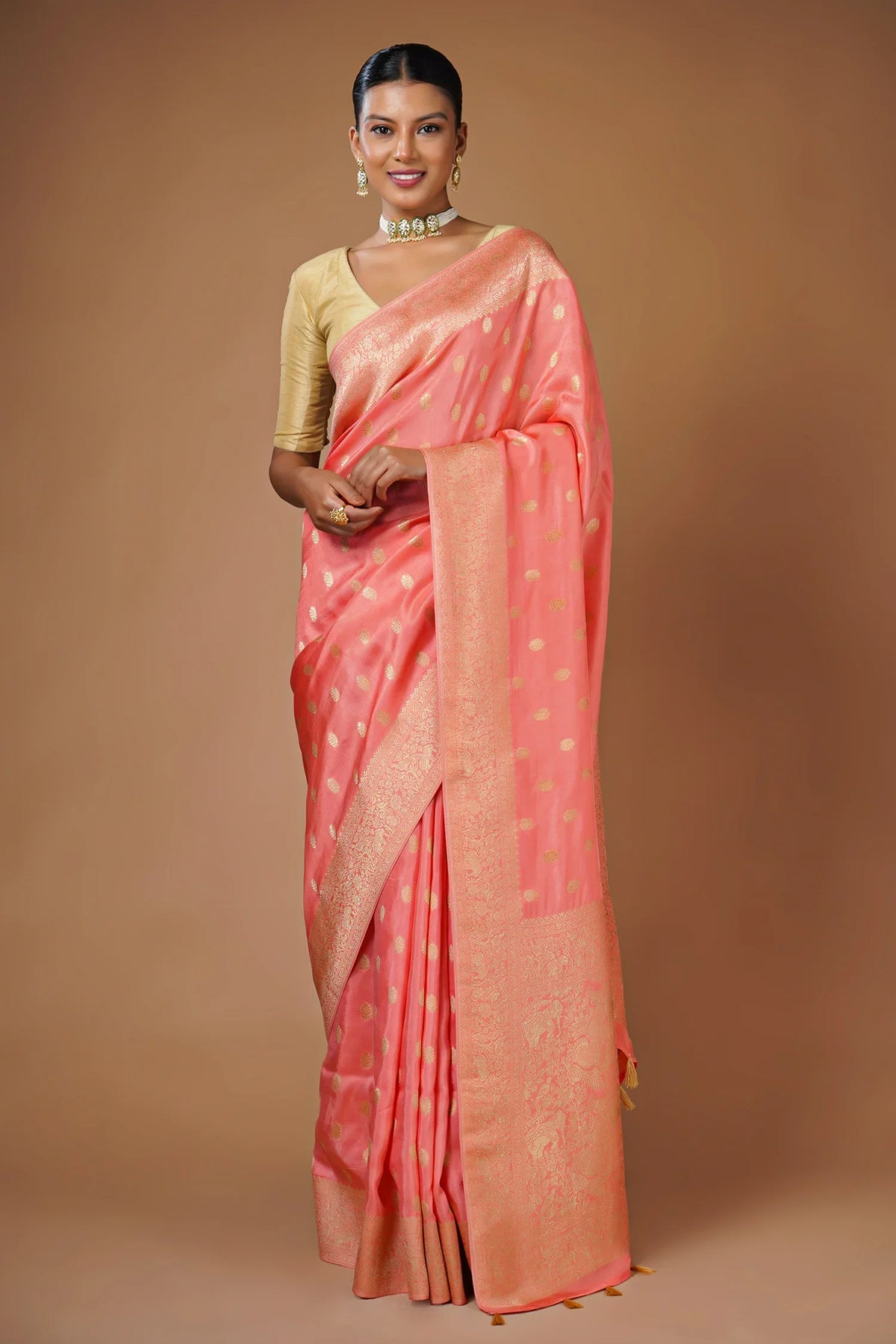 Flamingo Pink Woven Butti Saree in Muga Silk with Elephant and Peacock Motifs
