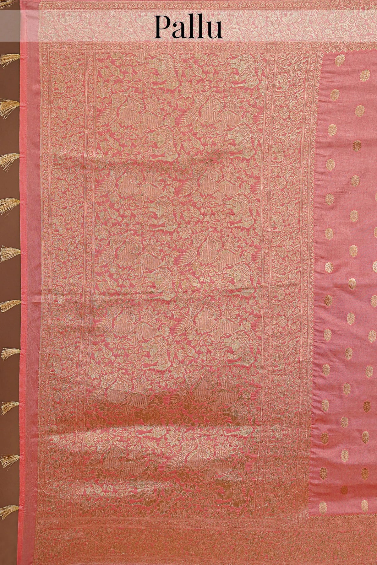 Flamingo Pink Woven Butti Saree in Muga Silk with Elephant and Peacock Motifs