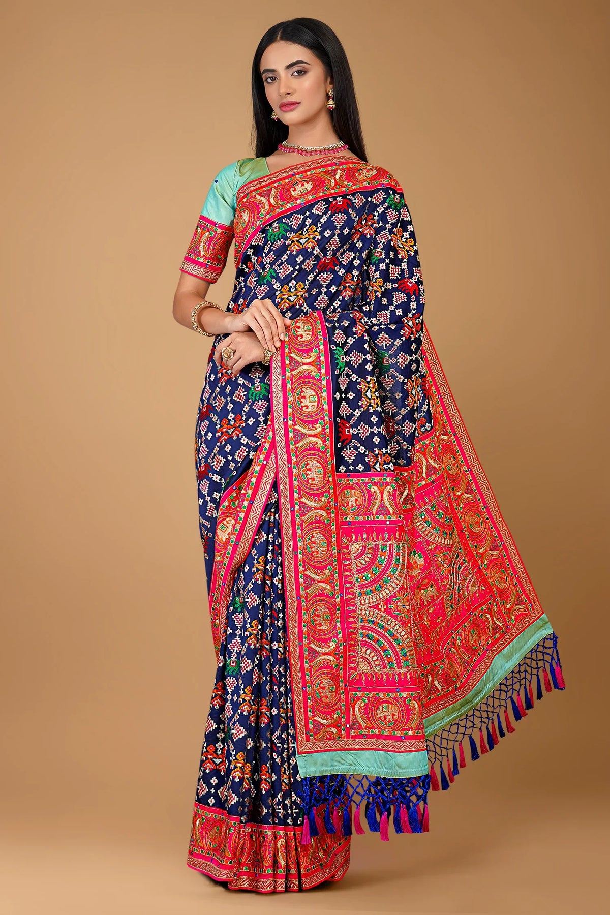 Blue Embroidery and Mirror Work Saree in Silk with Bird and Elephant Motifs