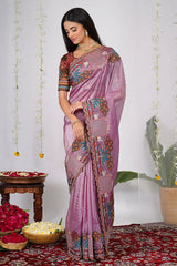 Mauve Organza Silk Saree with Embroidery and Scallop Border