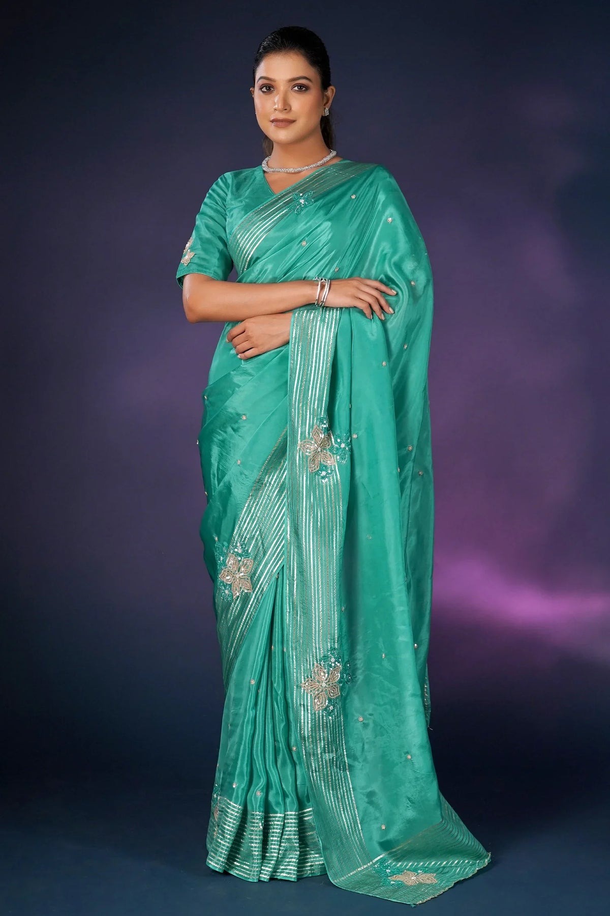 Sea Green Tissue Silk Saree with Sequin Border