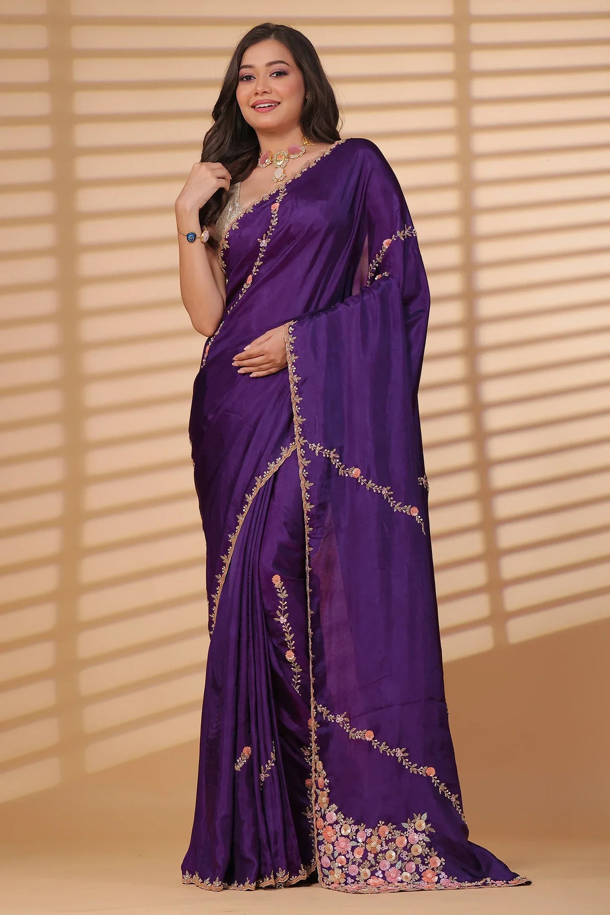 Purple Uppada Silk Embellished Handworked Saree