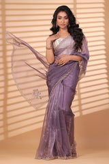 Lavender Organza Net Handworked Floral Butta Saree