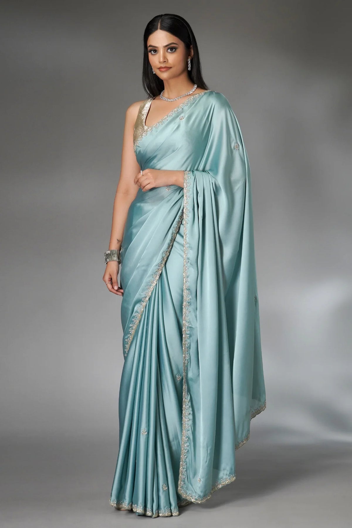 Light Blue Satin Silk Saree with Cutdana and Diamond Work