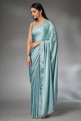 Light Blue Satin Silk Saree with Cutdana and Diamond Work