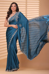 Peacock Blue Satin Silk Handworked Saree