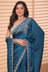 Peacock Blue Satin Silk Handworked Saree