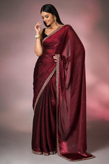 Dark Maroon Glass Tissue Handworked Saree