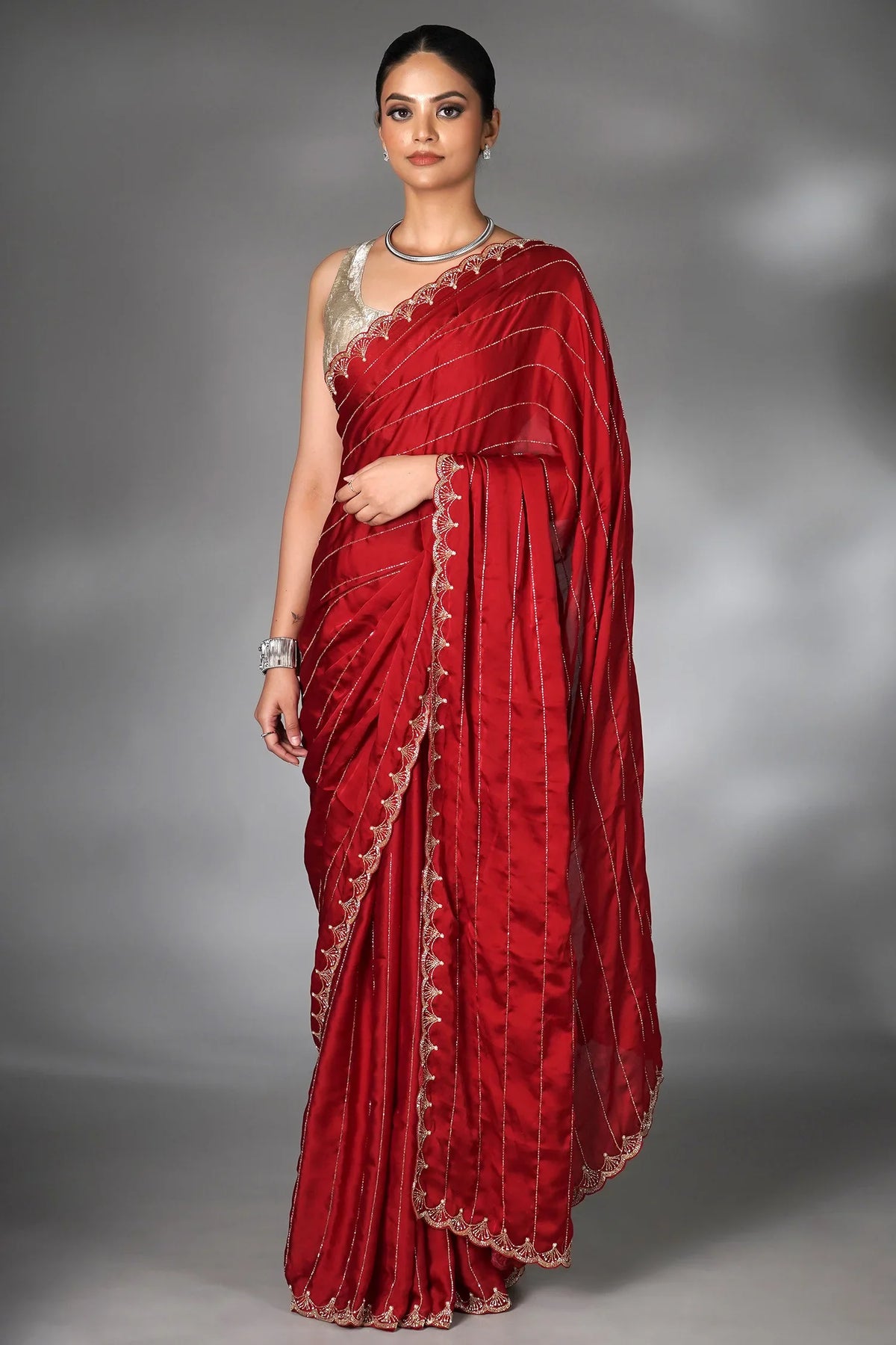 Red Satin Silk Cutdana Worked Saree