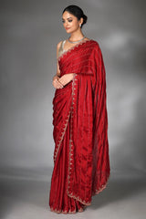 Red Satin Silk Cutdana Worked Saree