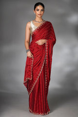 Red Satin Silk Cutdana Worked Saree
