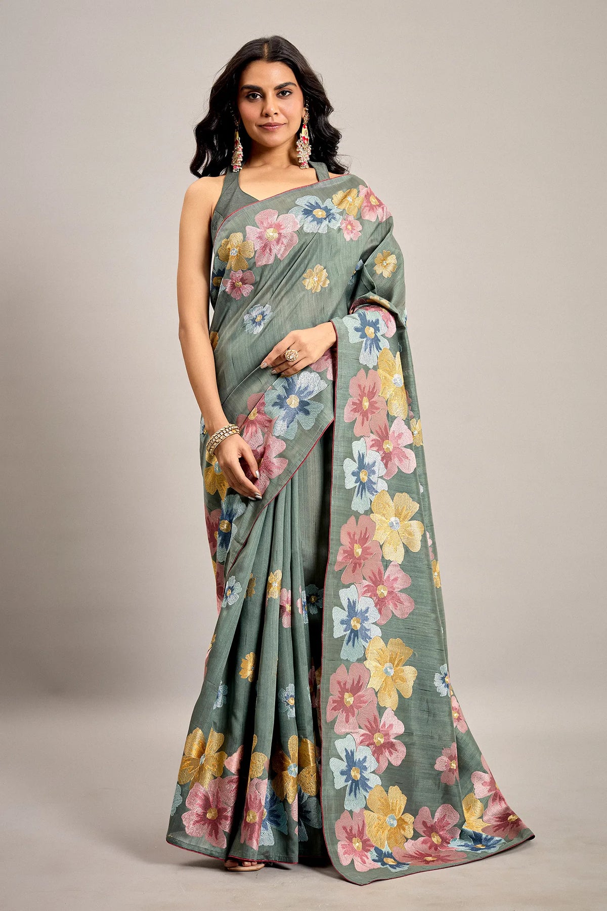 Grey Tussar Art Silk Saree with Floral Thread Embroidery