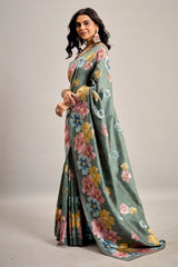 Grey Tussar Art Silk Saree with Floral Thread Embroidery