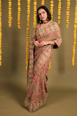 Mauve Georgette Digital Floral Printed Saree with Marodi and Lampi Gota Work Border