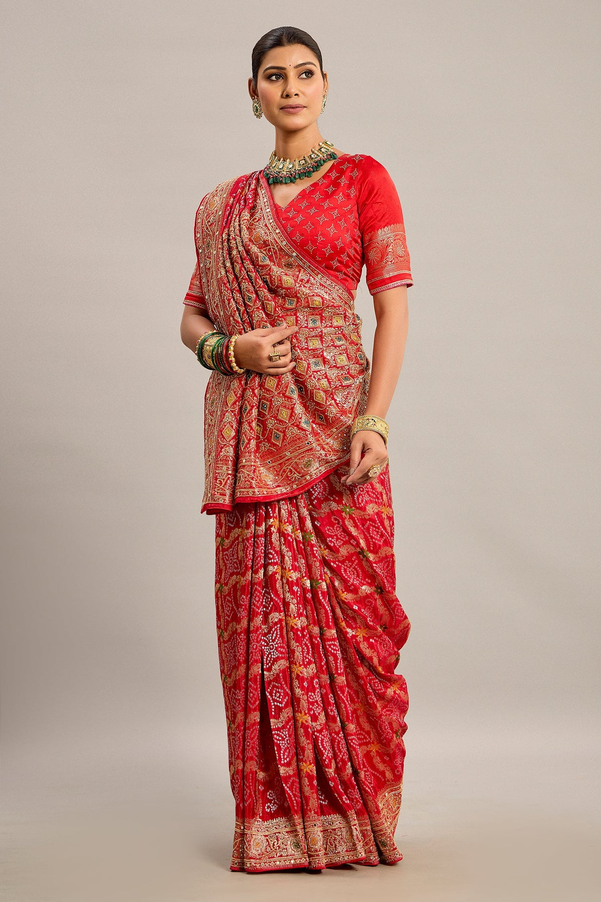 Red Satin Georgette Bandhej Woven Saree with Cutdana and Mirror Work