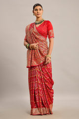 Red Satin Georgette Bandhej Woven Saree with Cutdana and Mirror Work