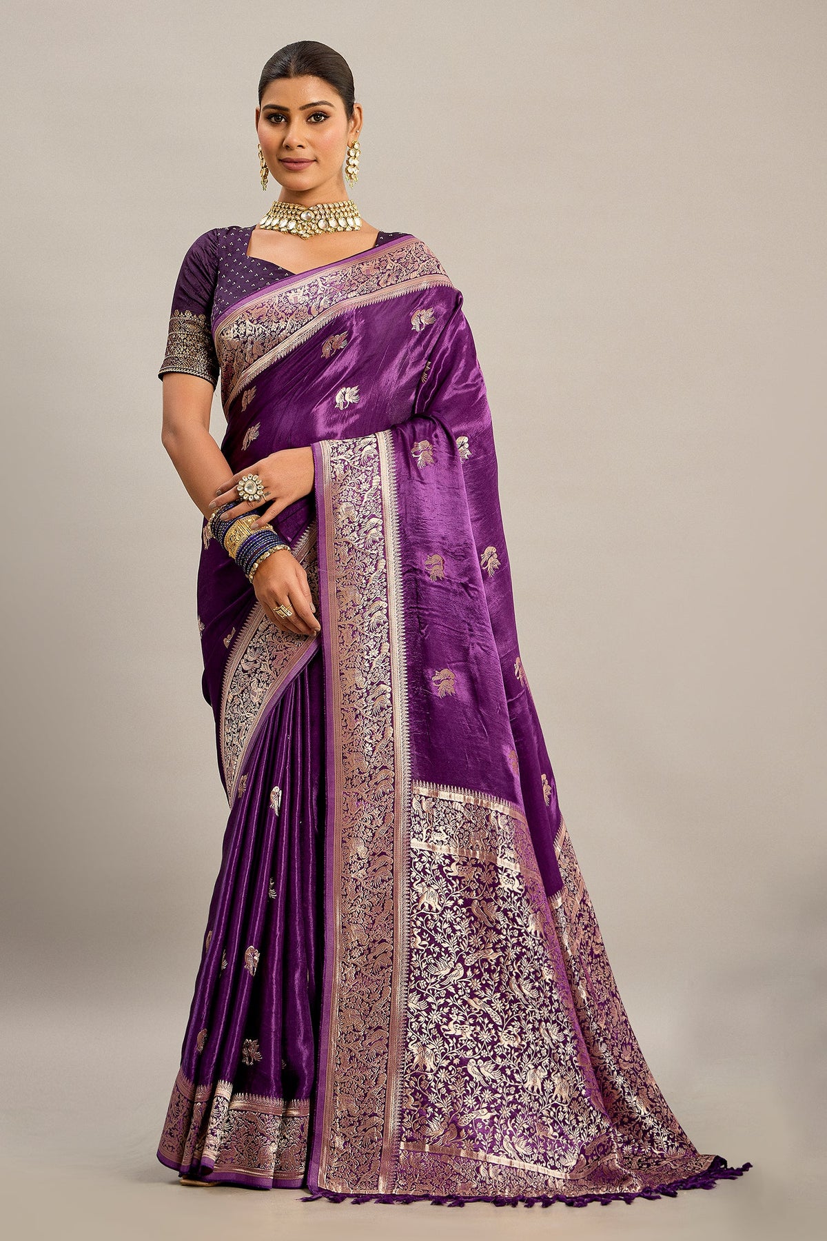 Palatinate Purple Satin Silk Bird and Animal Motif Woven Saree