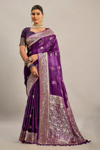 Palatinate Purple Satin Silk Bird and Animal Motif Woven Saree