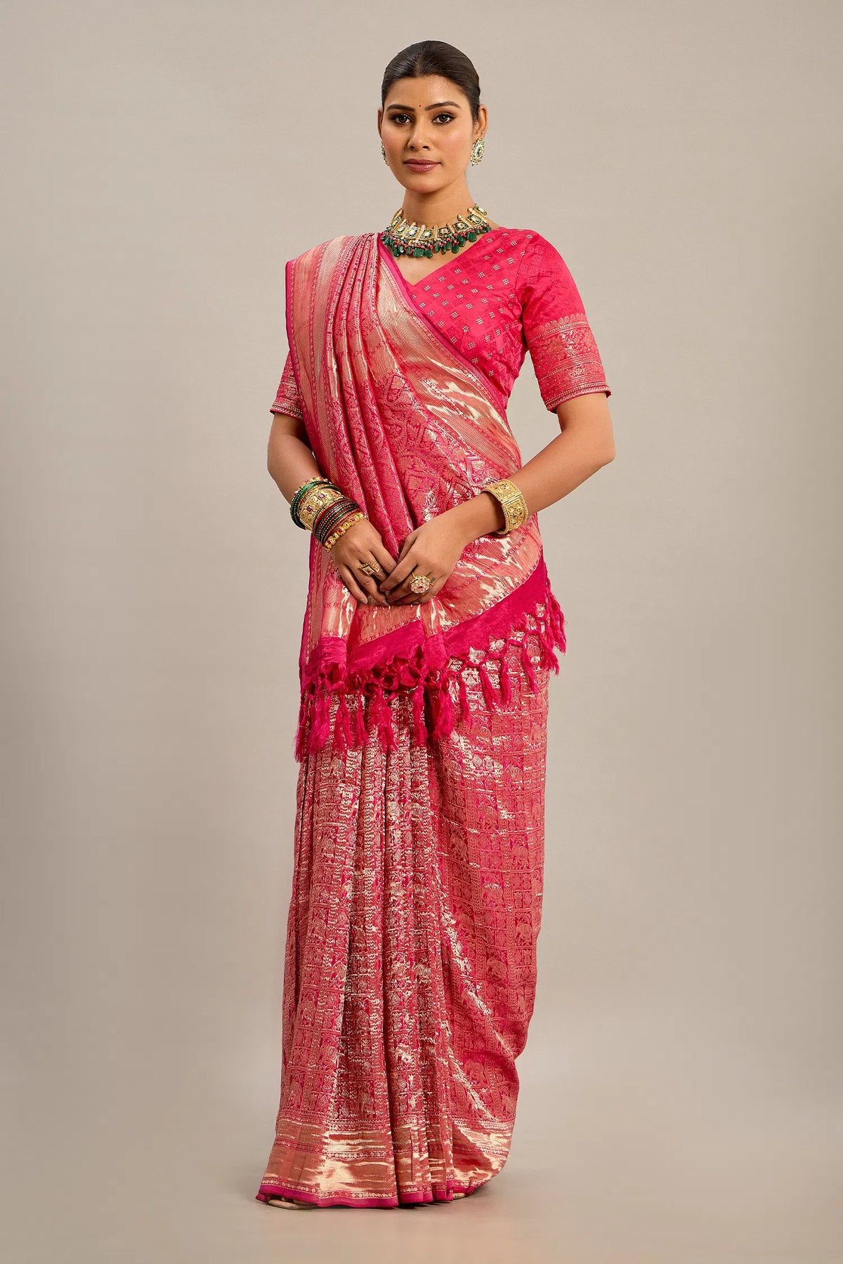 Pink Satin Silk Zari Woven Saree