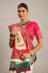 Cream Art Silk Traditional Embroidered Saree with Peacock Motifs