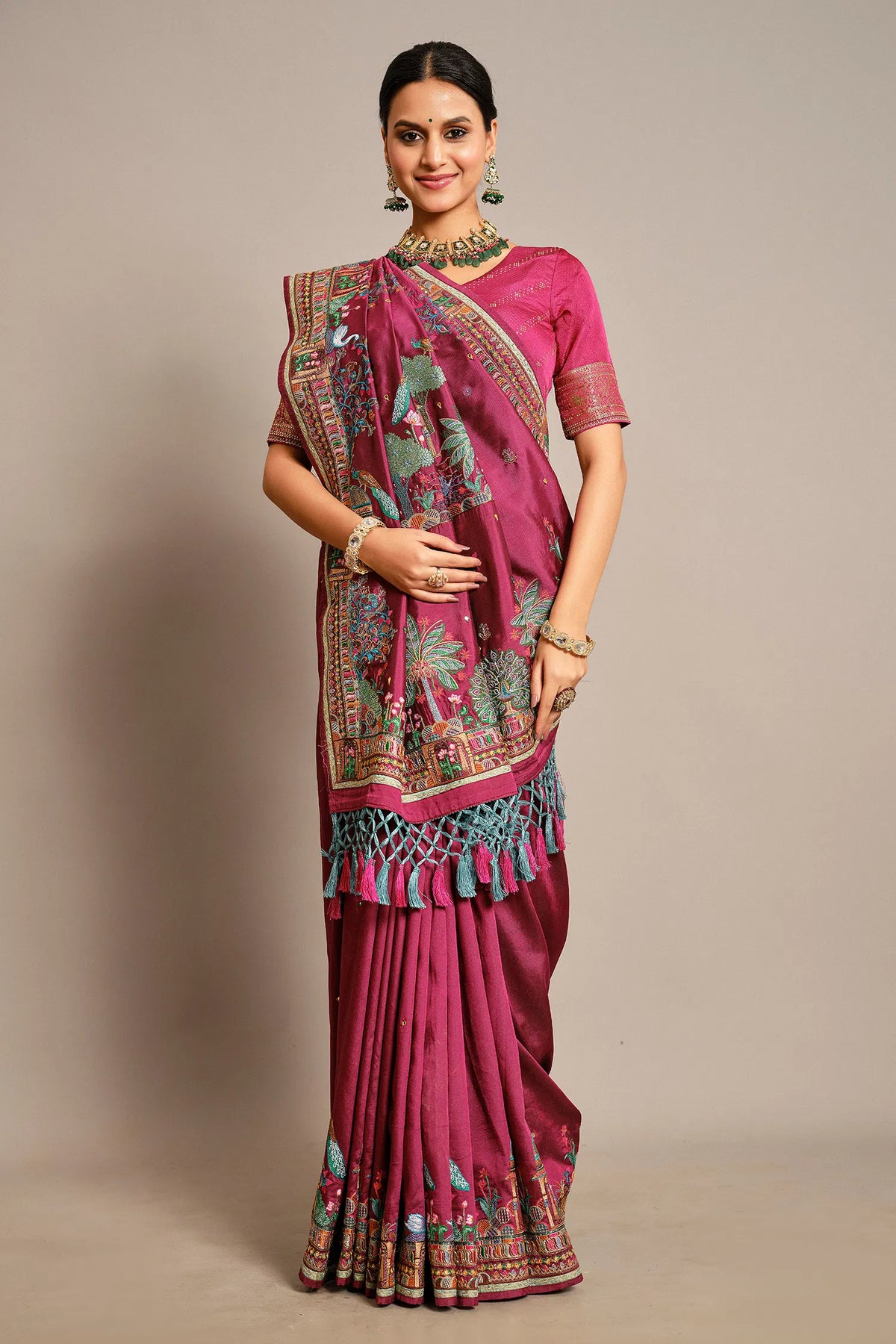 Purple Satin Silk Saree with Embroidery and Cutdana Work
