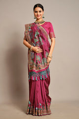 Purple Satin Silk Saree with Embroidery and Cutdana Work