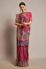 Purple Satin Silk Saree with Embroidery and Cutdana Work