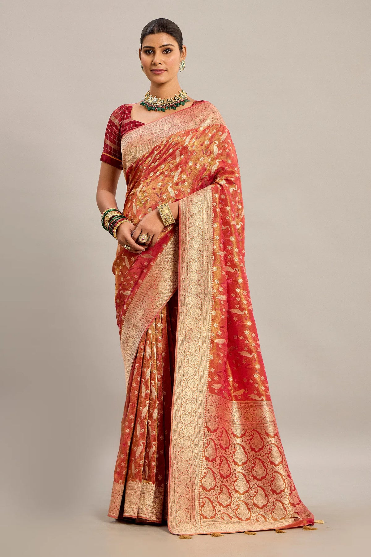Orange Tissue Bird Motifs Zari Woven Traditional Saree with Paisley Pallu and Pink Highlights