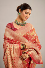 Orange Tissue Bird Motifs Zari Woven Traditional Saree with Paisley Pallu and Pink Highlights