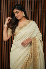 Off White Tussar Silk Traditional Saree and with Sequin and Weaving Border
