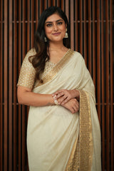 Off White Tussar Silk Traditional Saree and with Sequin and Weaving Border